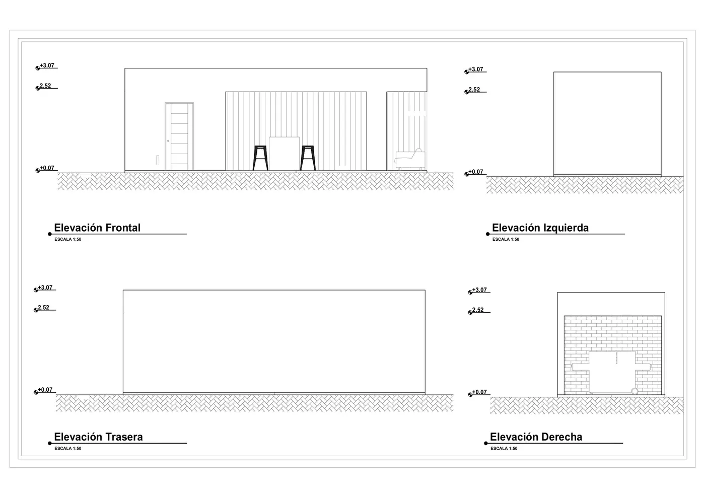 Plano de elevaciones de un proyecto real de Piscinas HH, con cortes, medidas y detalle de materiales